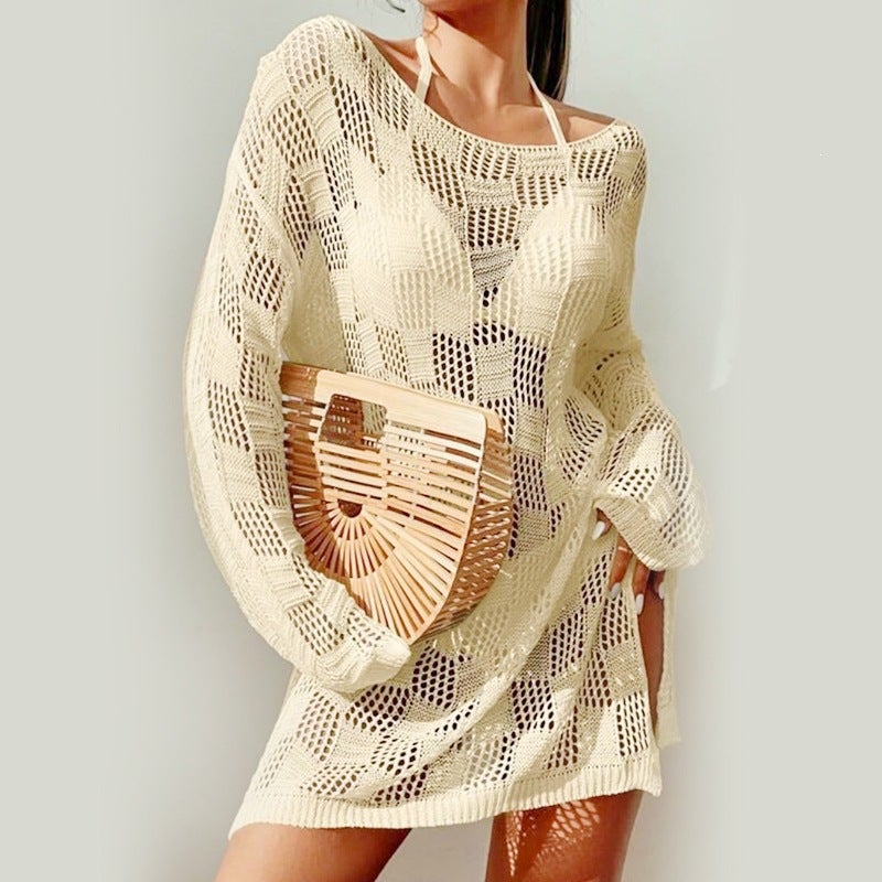 Hollow Out Knitted Beach Cover-Up Dress Long Sleeve - Image 1