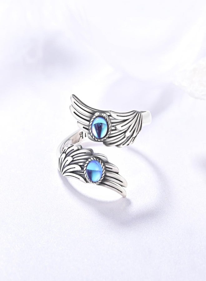 YLT 925 Sterling Silver Moonstone Feather Angel Wings Ring Adjustable Dainty Wrap Open Thumb Rings for Women - Image 3