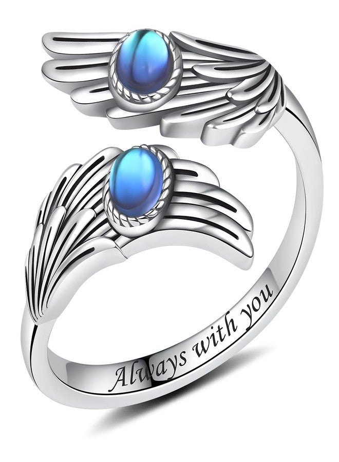 YLT 925 Sterling Silver Moonstone Feather Angel Wings Ring Adjustable Dainty Wrap Open Thumb Rings for Women - Image 1