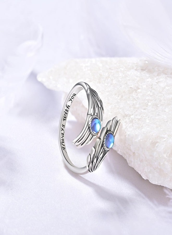 YLT 925 Sterling Silver Moonstone Feather Angel Wings Ring Adjustable Dainty Wrap Open Thumb Rings for Women - Image 4