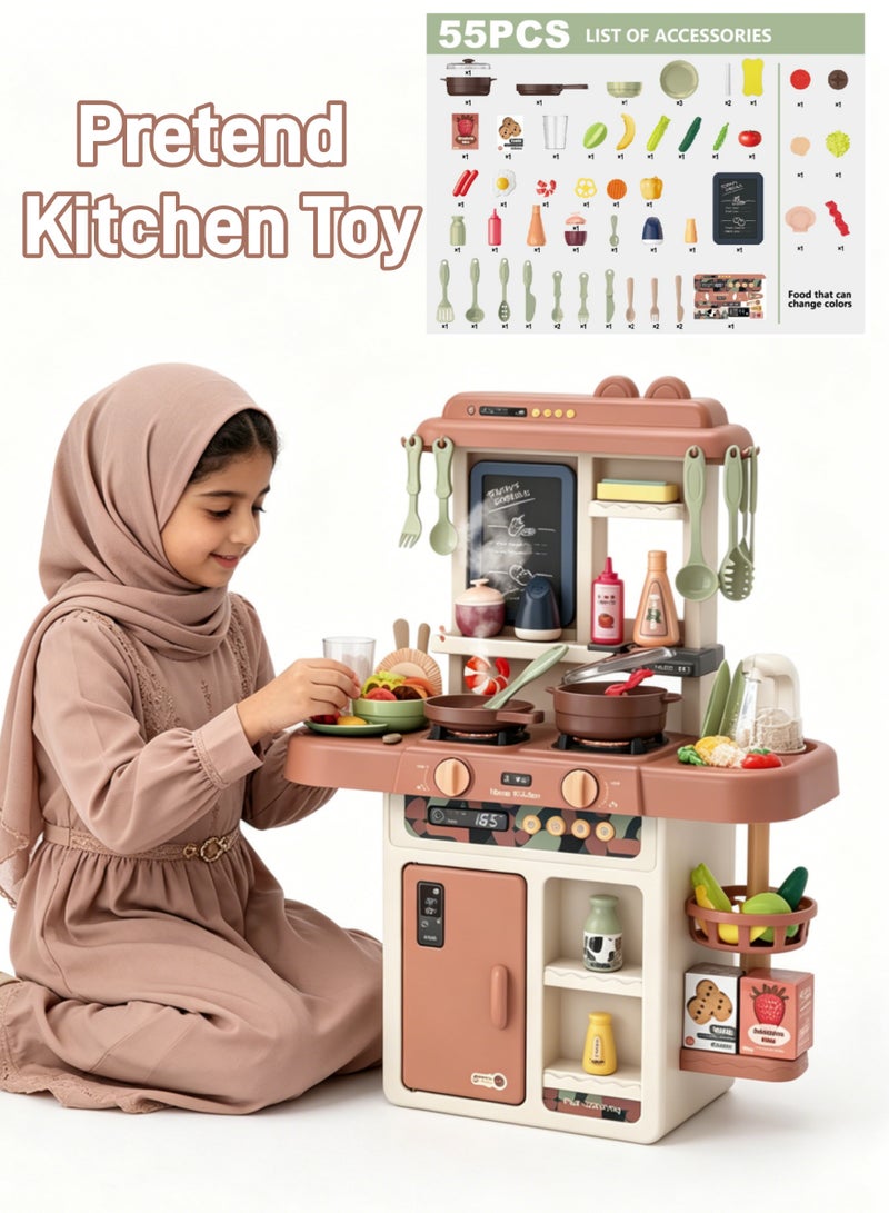 Pretend Kitchen Toy Set with Accessories, 55Pcs Kitchen Play Set Toy with Realistic Light Sound Steam Simulation, Kids Kitchen Cooking Playset Toys with Water Outlet, Toys Gift for Children Kids Boys and Girls - Image 1
