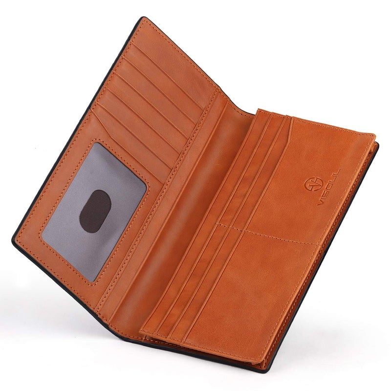 VISOUL Leather Checkbook Cover Wallet for Men with RFID Blocking, Mens Long Bifold Cash Tall Wallet with 11 Credit Card Slots 1 ID Window (Black+Orange) - Image 2