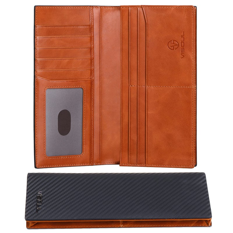 VISOUL Leather Checkbook Cover Wallet for Men with RFID Blocking, Mens Long Bifold Cash Tall Wallet with 11 Credit Card Slots 1 ID Window (Black+Orange) - Image 1