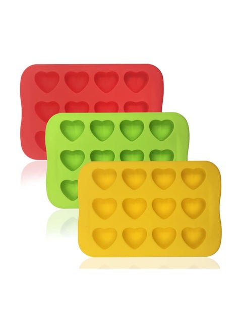 Heart-Shaped Silicone Molds for Chocolate Candy and Jelly 3-Pack with 12 Cavities in Red Yellow and Green