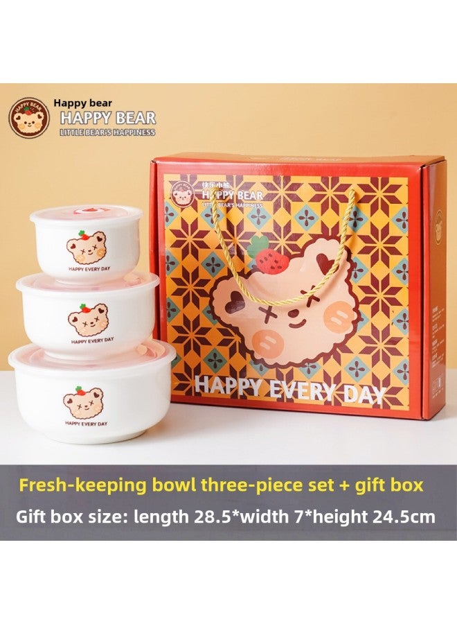 Ceramic Fresh-keeping Bowl Three-piece Sealed Bowl Gift Bowl Set Gift Box Wedding Will Sell Wholesale Printed LOGO-Specifications:Happy Bear-Color:Preservation Bowl Two Sets Of Two Medium Color Box/36 Sets Of A Box - Image 1