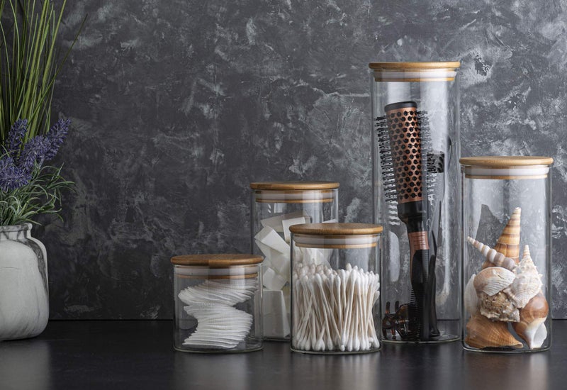 Le'raze Set of 5 Glass Kitchen Canisters with Airtight Bamboo Lid - Glass Storage Jars for Pantry Organization and Bathroom for Flour, Coffee, Cookie Jar, Candy, Snack, Pasta, Rice, Sugar Packet Holder - Image 3