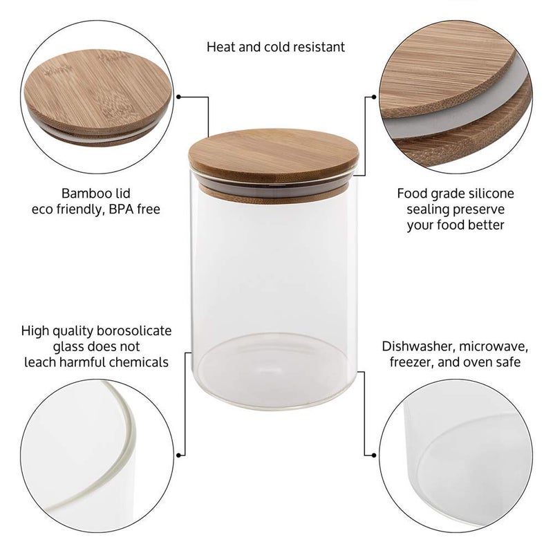 Le'raze Set of 5 Glass Kitchen Canisters with Airtight Bamboo Lid - Glass Storage Jars for Pantry Organization and Bathroom for Flour, Coffee, Cookie Jar, Candy, Snack, Pasta, Rice, Sugar Packet Holder - Image 5