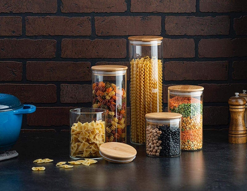 Le'raze Set of 5 Glass Kitchen Canisters with Airtight Bamboo Lid - Glass Storage Jars for Pantry Organization and Bathroom for Flour, Coffee, Cookie Jar, Candy, Snack, Pasta, Rice, Sugar Packet Holder - Image 2