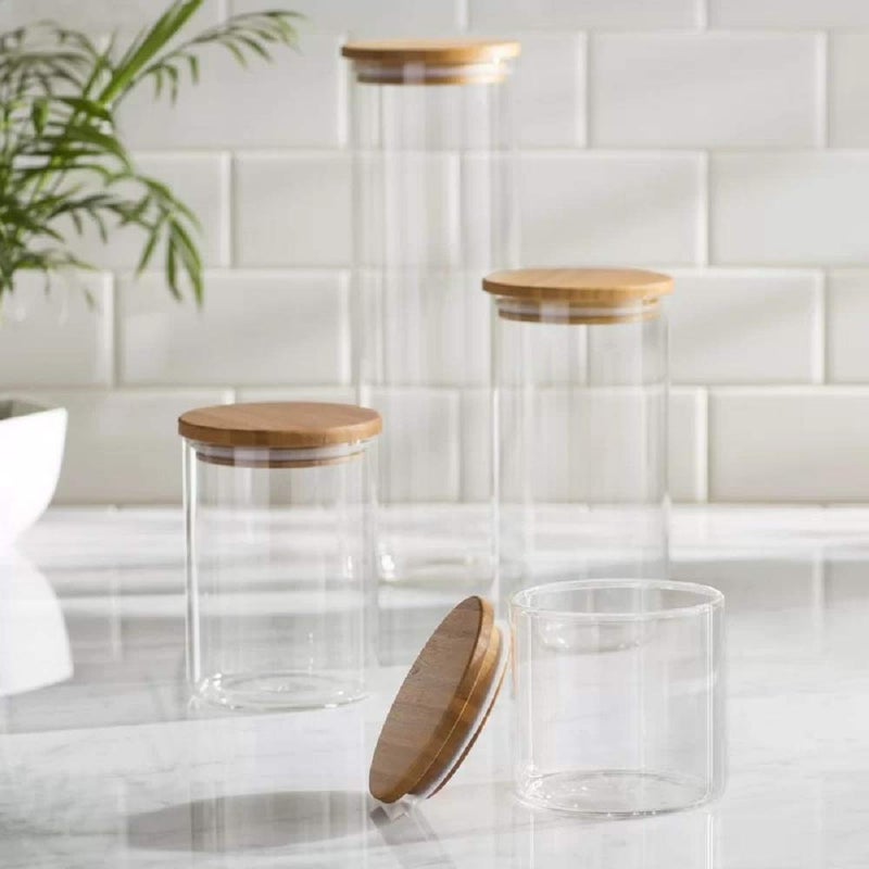 Le'raze Set of 5 Glass Kitchen Canisters with Airtight Bamboo Lid - Glass Storage Jars for Pantry Organization and Bathroom for Flour, Coffee, Cookie Jar, Candy, Snack, Pasta, Rice, Sugar Packet Holder - Image 4