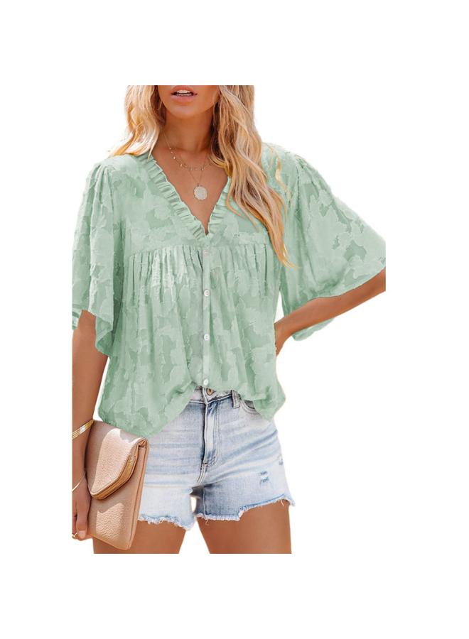 VUELO Summer New V-neck Cardigan Half Sleeve Chiffon Shirt European And American Women's Fashion Solid Color Top Women