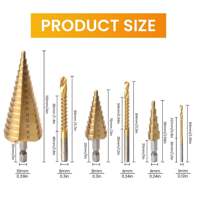 Serplex 6PCS Step Drill Bits Set HSS High Speed Steel for Stainless Steel Metal Wood Plastic Drilling 432MM420 MM412MM6MM8MM3MM with Case for Woodworking DIY Lovers - Image 2