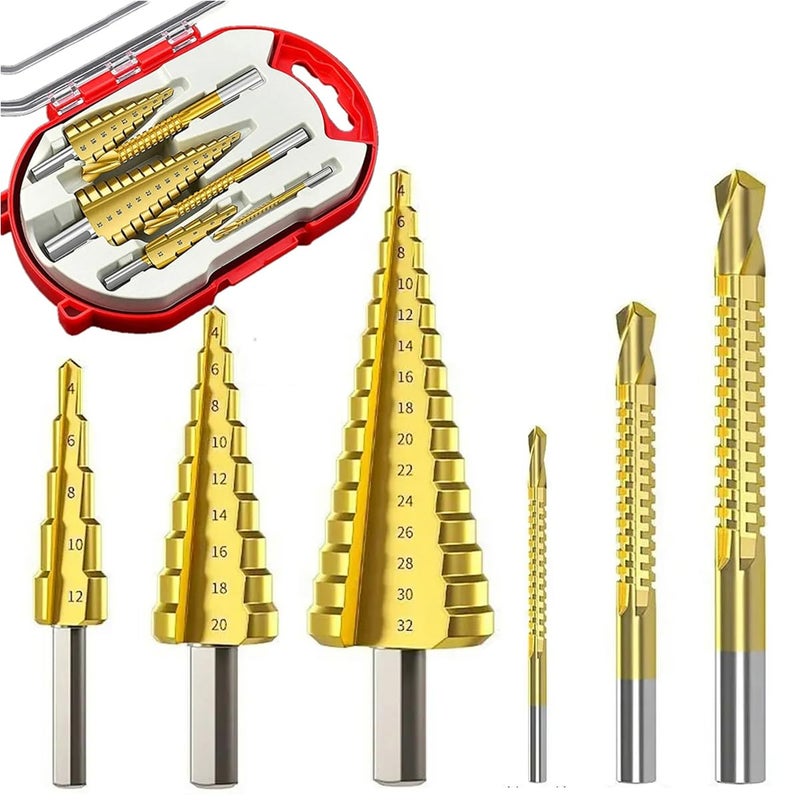 Serplex 6PCS Step Drill Bits Set HSS High Speed Steel for Stainless Steel Metal Wood Plastic Drilling 432MM420 MM412MM6MM8MM3MM with Case for Woodworking DIY Lovers - Image 1