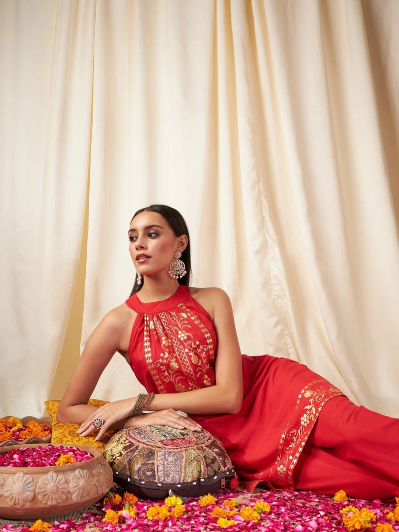 PRASHA Women Red Foil Print Halter Neck Kurta With Pants - Image 2