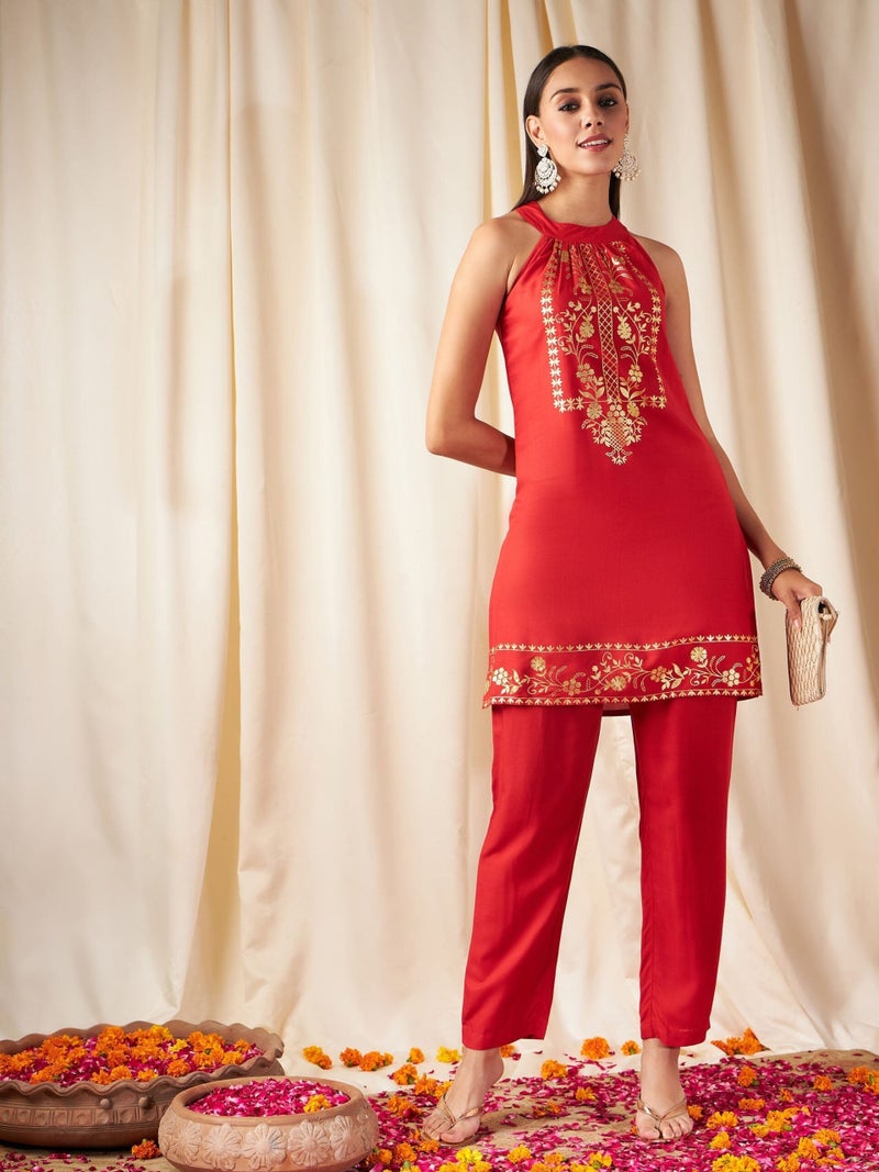 PRASHA Women Red Foil Print Halter Neck Kurta With Pants - Image 1
