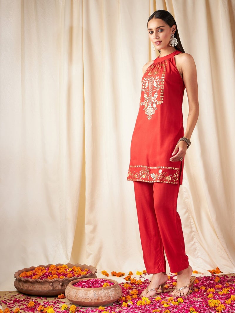 PRASHA Women Red Foil Print Halter Neck Kurta With Pants - Image 3