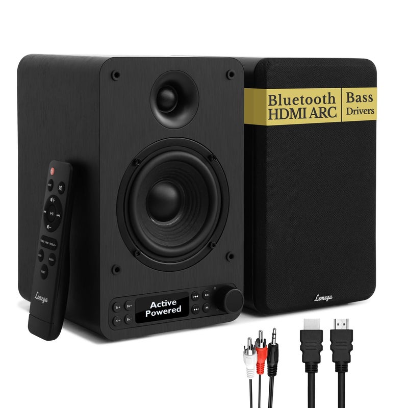 LEMEGA مكبرات صوت رف الكتب LEMEGA النشطة 40 واط RMS، مكبرات صوت ستيريو مزودة بمكبر صوت 4 بوصات ومكبر صوت 1.25 بوصة، بلوتوث، USB، HDMI/بصري/AUX/RCA مدخلات لجهاز الكمبيوتر والتلفاز، شاشة LED، تحكم في الجهير والتريبل - Image 1