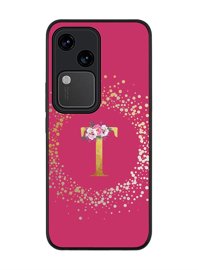 Stylizedd Rugged Black edge case for Vivo V30 5G, Slim fit Cover Custom Monogram Initial Letter Floral Pattern Alphabet - T ( Deep Pink Rose ) - Image 1