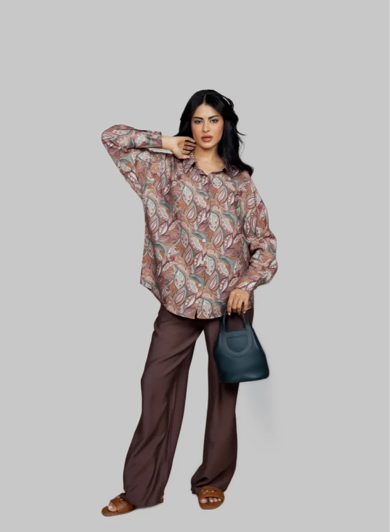 Bond Maroon Earthline Maroon Leaf Printed Shirt & Pants Co-Ord Set for Women | Best Price UAE