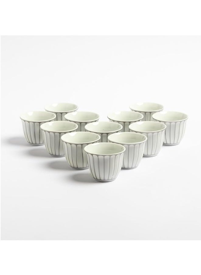 Arabic Coffee Cup Set 12 Piece Premium Porcelain White Striped Silver Glitter | Saudi Coffee Cups | Coffee Cups for Hospitality  - Image 1