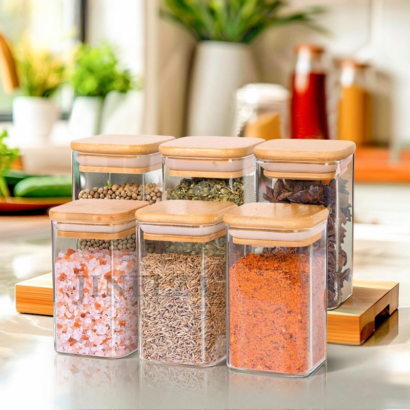 VILON 280ml Glass Jars with Bamboo Lids | Square Airtight Spice & Storage Containers for Kitchen, Pantry & Herbs | Set of 6 - Image 1