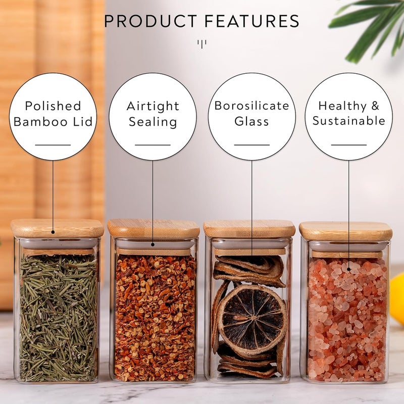 VILON 280ml Glass Jars with Bamboo Lids | Square Airtight Spice & Storage Containers for Kitchen, Pantry & Herbs | Set of 6 - Image 2