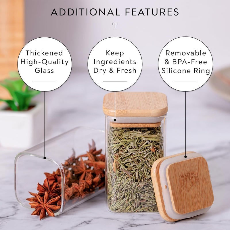 VILON 280ml Glass Jars with Bamboo Lids | Square Airtight Spice & Storage Containers for Kitchen, Pantry & Herbs | Set of 6 - Image 3