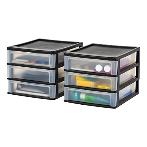 IRIS USA Plastic Stacking Desk Top 3Drawer Storage Organizer 2Pack for Makeup Vanity Nail Polish Bathroom Stationery Art Craft Supplies Kitchen Office Garage and Small Organization Medium Black
