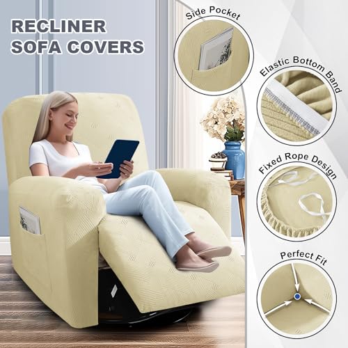 JIVINER Loveseat Recliner Covers, Jacquard 4 Piece Recliner Sofa Cover with Pockets Washable Lazy Boy Reclining Couch Protector with Elastic Bottom (Recliner Loveseat, Beige) - Image 4
