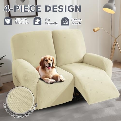 JIVINER Loveseat Recliner Covers, Jacquard 4 Piece Recliner Sofa Cover with Pockets Washable Lazy Boy Reclining Couch Protector with Elastic Bottom (Recliner Loveseat, Beige) - Image 2