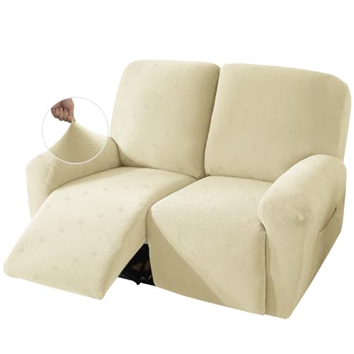 JIVINER Loveseat Recliner Covers, Jacquard 4 Piece Recliner Sofa Cover with Pockets Washable Lazy Boy Reclining Couch Protector with Elastic Bottom (Recliner Loveseat, Beige) - Image 1
