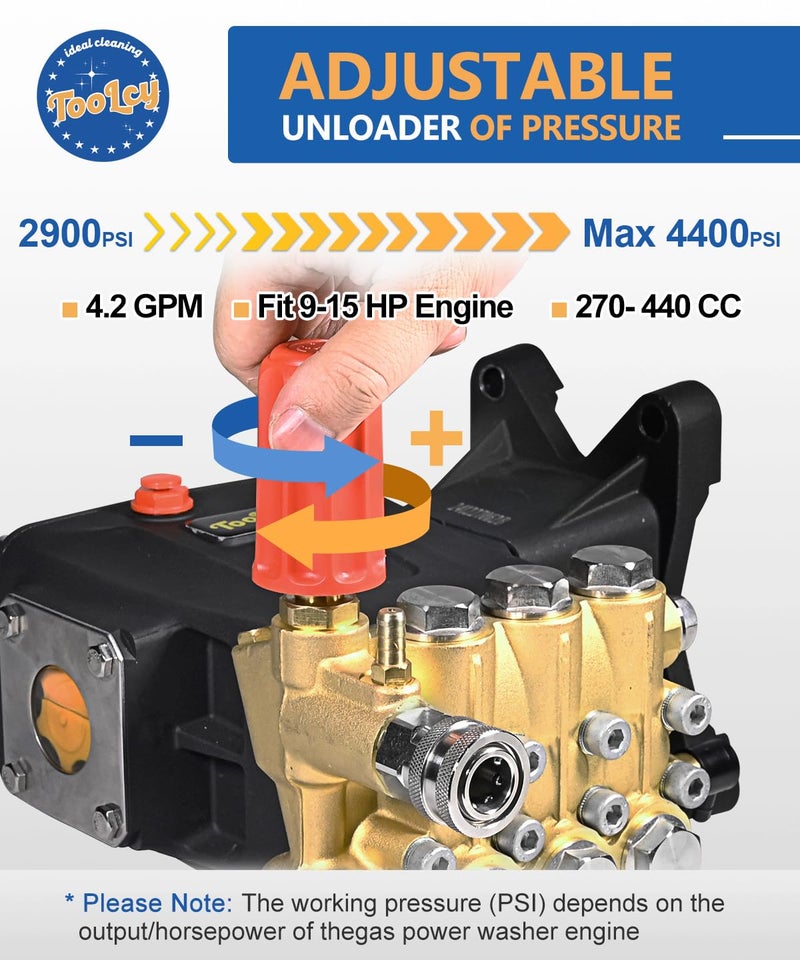 TOOLCY Pressure Washer Pump Max 4400 PSI 4.2 GPM, 1" Shaft Horizontal Gas Power Washer Pump Replacement, Direct Drive Triplex Plunger Replacement Pump with Pressure Adjustment Unloader, 5 Nozzle Tips - Image 2