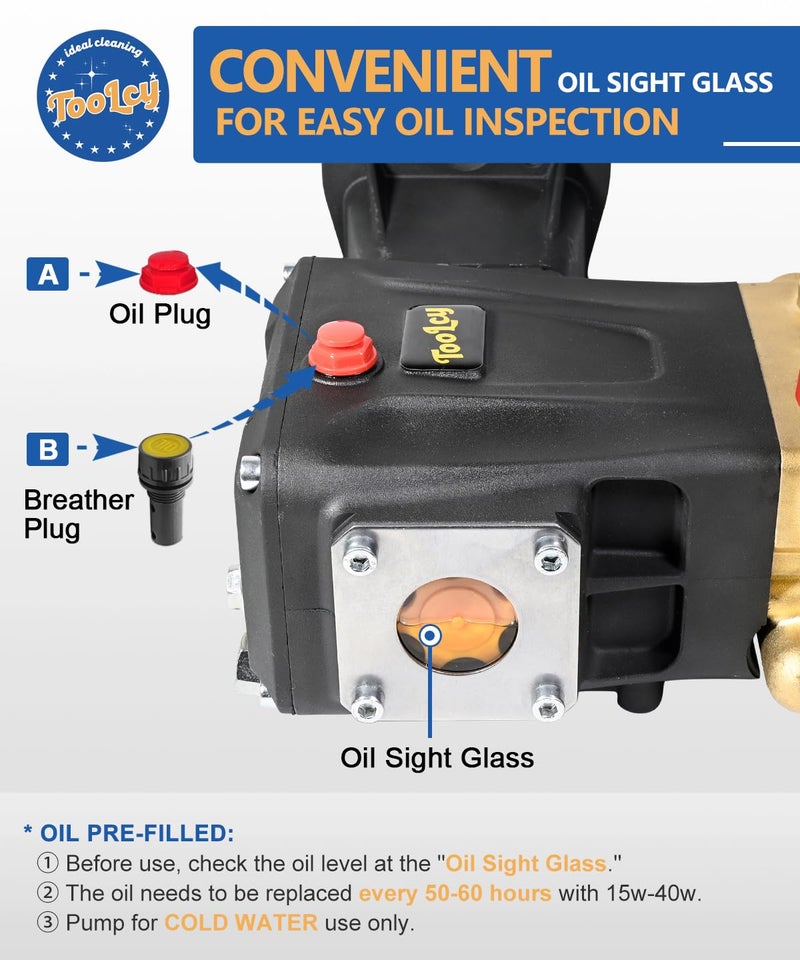 TOOLCY Pressure Washer Pump Max 4400 PSI 4.2 GPM, 1" Shaft Horizontal Gas Power Washer Pump Replacement, Direct Drive Triplex Plunger Replacement Pump with Pressure Adjustment Unloader, 5 Nozzle Tips - Image 5