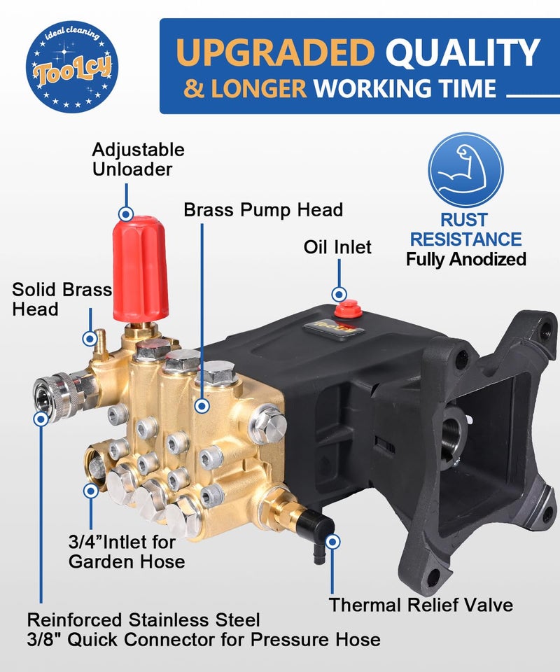 TOOLCY Pressure Washer Pump Max 4400 PSI 4.2 GPM, 1" Shaft Horizontal Gas Power Washer Pump Replacement, Direct Drive Triplex Plunger Replacement Pump with Pressure Adjustment Unloader, 5 Nozzle Tips - Image 4