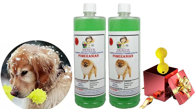 swacch Pomeranian Dog Shampoo + Dumbbell Toy I Durable Rubber Dog Toy for Chewing I Playing,Teeth Cleaning & Training Toy I Combo Pack I 1 Litre Pack of 2 Neem Alovera - Image 1