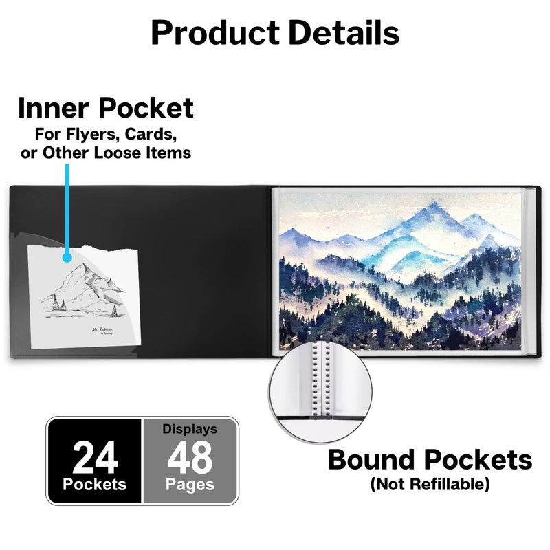 Dunwell 11x17 Portfolio Binder (Black, Horizontal), Presentation Book with 24 Pockets, Large 11 x 17 Art Portfolio Folder, Acid-Free Poly Cover and Sleeves - Image 4