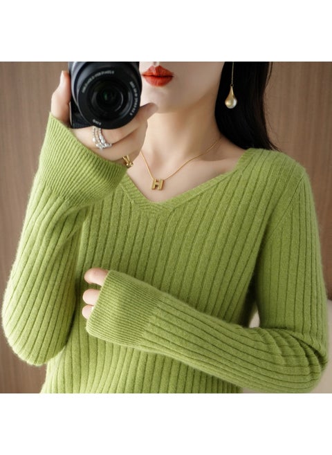 Spring 2025 Womens Wool-Blend Sweater V-Neck Solid Color Ribbed Pullover Base Knitted Top Smooths Your Silhouette Avocado Green