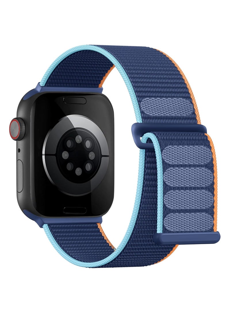 حزام نايلون متوافق مع Apple Watch، لمقاس 38 مم/40 مم/41 مم/42 مم (S10/S11)، حزام ناعم وجيد التهوية وقابل للتعديل بنظام الخطاف والحلقة لساعة iWatch سلسلة Series 11 و10 و9 و8 و7 و6 و5 و4 وSE3/SE2/SE، لون أزرق بحواف برتقالية - Image 1