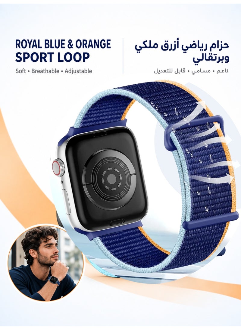 حزام نايلون متوافق مع Apple Watch، لمقاس 38 مم/40 مم/41 مم/42 مم (S10/S11)، حزام ناعم وجيد التهوية وقابل للتعديل بنظام الخطاف والحلقة لساعة iWatch سلسلة Series 11 و10 و9 و8 و7 و6 و5 و4 وSE3/SE2/SE، لون أزرق بحواف برتقالية - Image 2