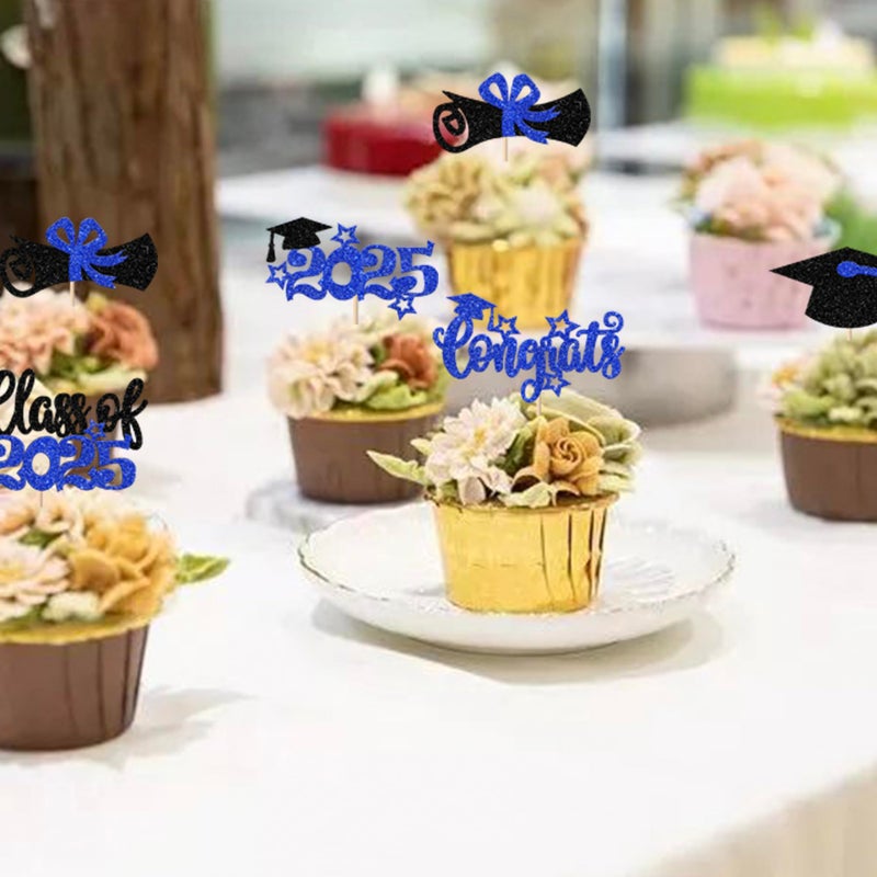 Rsstarxi 30 Pack Grad Cupcake Toppers Class of 2025 Cupcake Toppers Congrats Grad Cap Diploma Cupcake Picks for Graduation Decorations Class of 2025 Party Cake Decorations Blue - Image 4