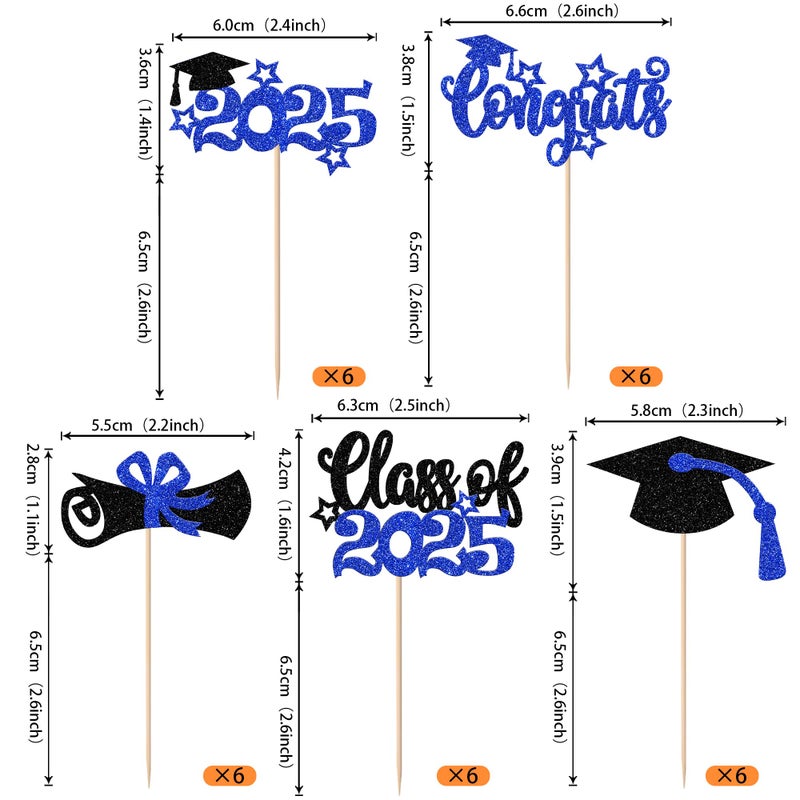 Rsstarxi 30 Pack Grad Cupcake Toppers Class of 2025 Cupcake Toppers Congrats Grad Cap Diploma Cupcake Picks for Graduation Decorations Class of 2025 Party Cake Decorations Blue - Image 2