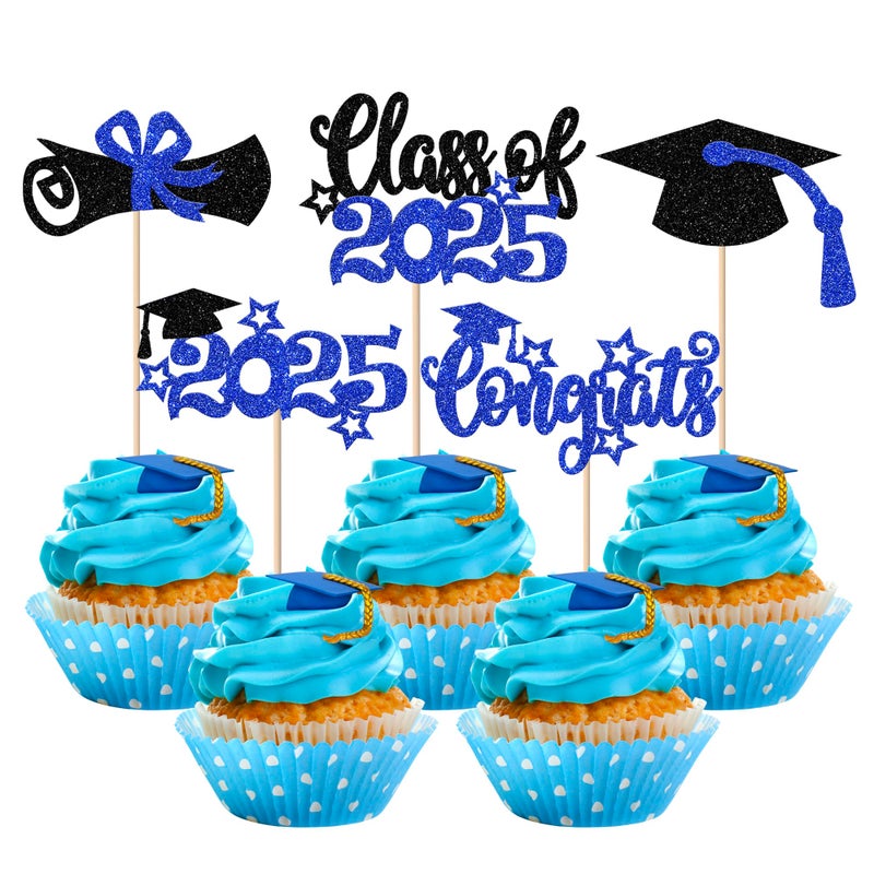 Rsstarxi 30 Pack Grad Cupcake Toppers Class of 2025 Cupcake Toppers Congrats Grad Cap Diploma Cupcake Picks for Graduation Decorations Class of 2025 Party Cake Decorations Blue - Image 1