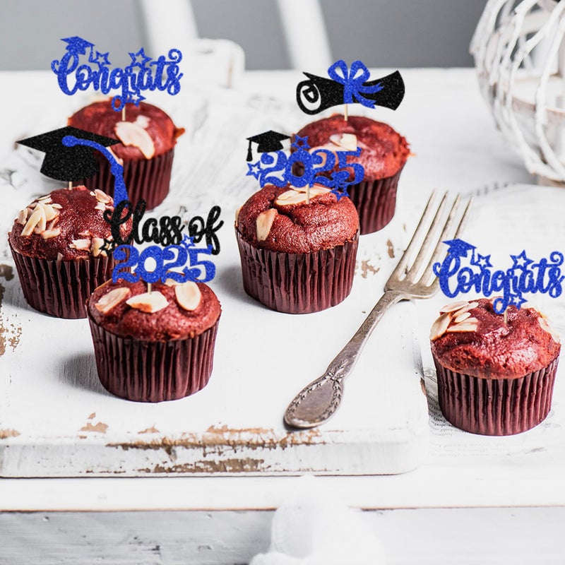 Rsstarxi 30 Pack Grad Cupcake Toppers Class of 2025 Cupcake Toppers Congrats Grad Cap Diploma Cupcake Picks for Graduation Decorations Class of 2025 Party Cake Decorations Blue - Image 5