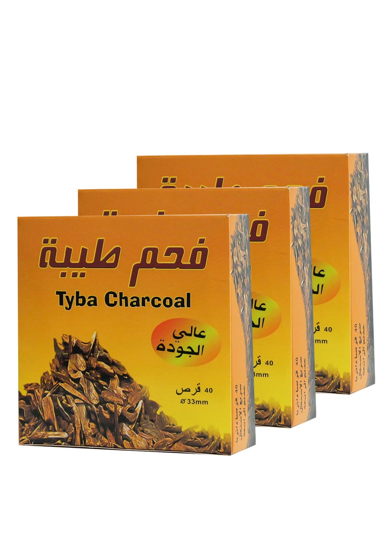 طيبة فحم بخور طيبة – سريع الاشتعال، عديم الرائحة، جودة عالية، حرارة ثابتة ومناسب جداً للعود والبخور، قليل الرماد – 3 علب × 40 قرص (إجمالي 120 قرص، حجم 33 ملم) - Image 1