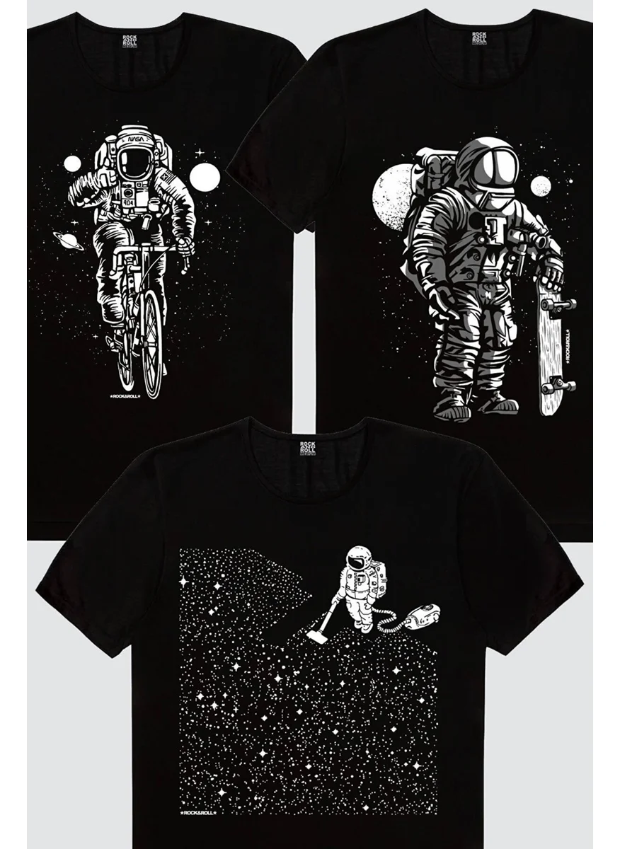 Rock&Roll Astronaut with Bicycle, Astronaut with Broom, Skateboarder Astronaut Men's 3-Piece Eco Pack T-Shirt