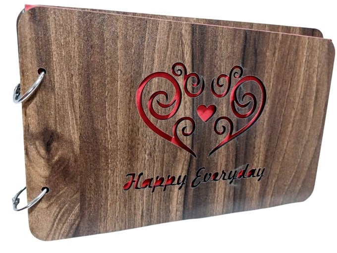 WOODEN FRONT AND BACK COVER SCRAPBOOK WITH 60 BLACK PAGE PHOTO ALBUM RECTANGLE 10X6 INCH WITH DESIGN CUTOUTS ON WOOD COVER FOR MEMORIES, HAPINESS, EXPERIENCES AND MORE