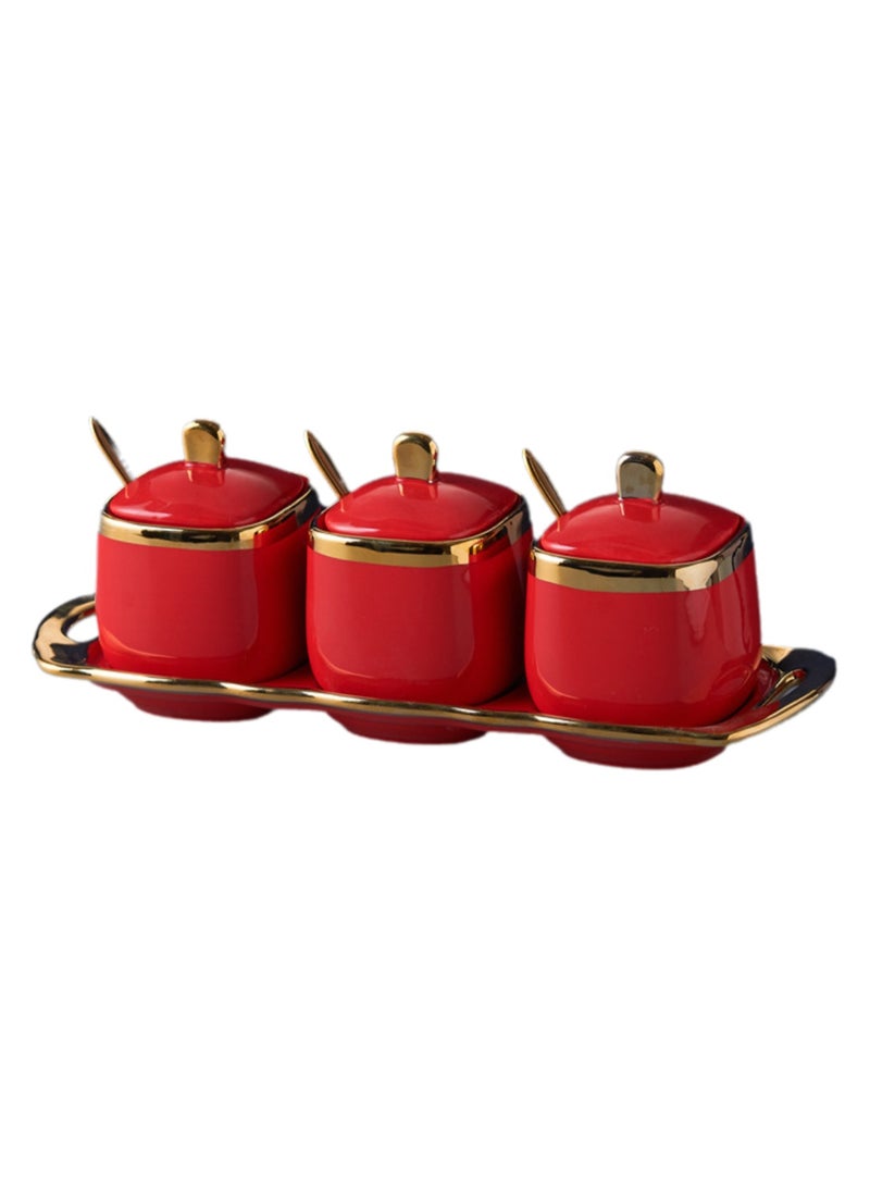 Light Luxury Gold Frame Ceramic Spice Jar Kitchen Supplies Spice Jar Set Household Seasoning Box Three-piece Set (Red)  - Image 1