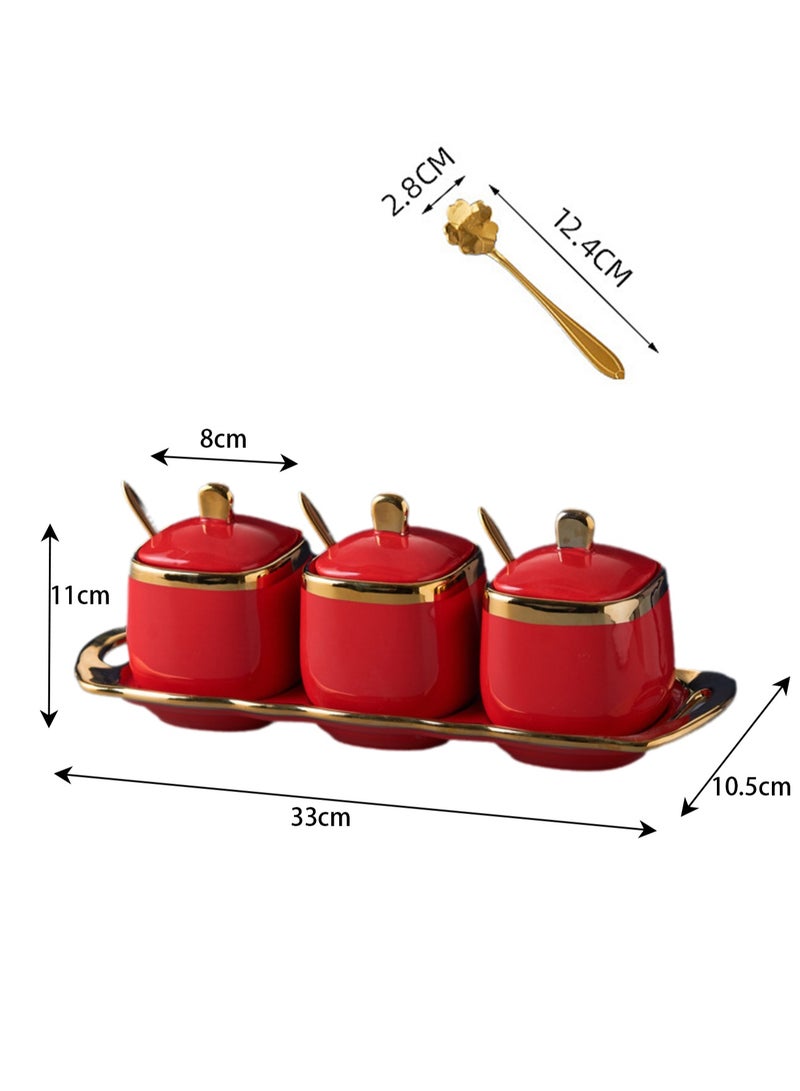 Light Luxury Gold Frame Ceramic Spice Jar Kitchen Supplies Spice Jar Set Household Seasoning Box Three-piece Set (Red)  - Image 2