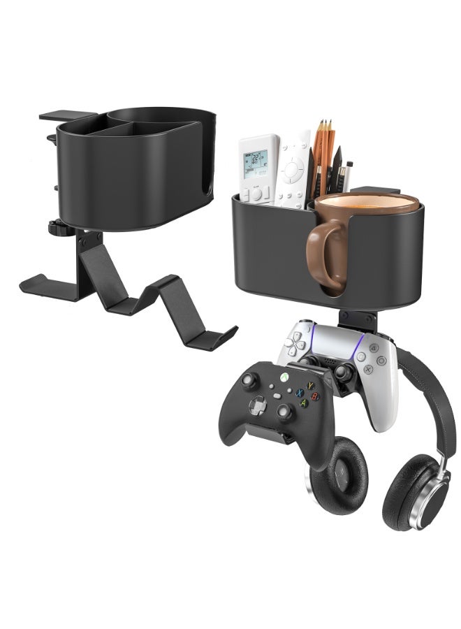 حامل أكواب مكتبي 6 في 1 - علاقة سماعات قابلة للتدوير وتثبيت تحت المكتب - حامل أقلام قابل للفصل مع تخزين مكتبي للكوب والهاتف والأقلام (أسود) - Image 1