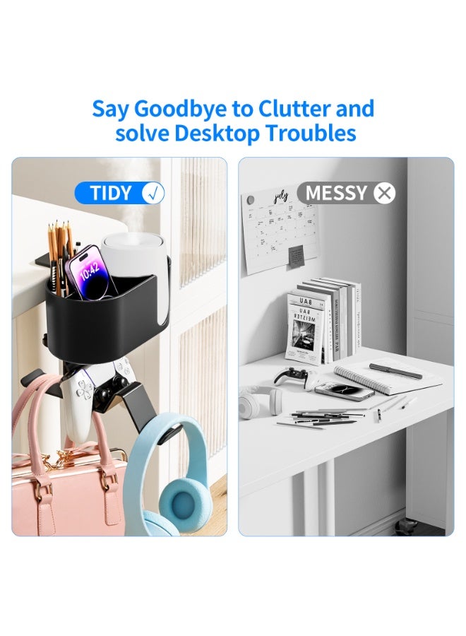 حامل أكواب مكتبي 6 في 1 - علاقة سماعات قابلة للتدوير وتثبيت تحت المكتب - حامل أقلام قابل للفصل مع تخزين مكتبي للكوب والهاتف والأقلام (أسود) - Image 2