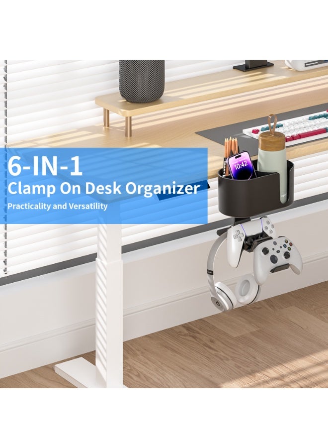 حامل أكواب مكتبي 6 في 1 - علاقة سماعات قابلة للتدوير وتثبيت تحت المكتب - حامل أقلام قابل للفصل مع تخزين مكتبي للكوب والهاتف والأقلام (أسود) - Image 3